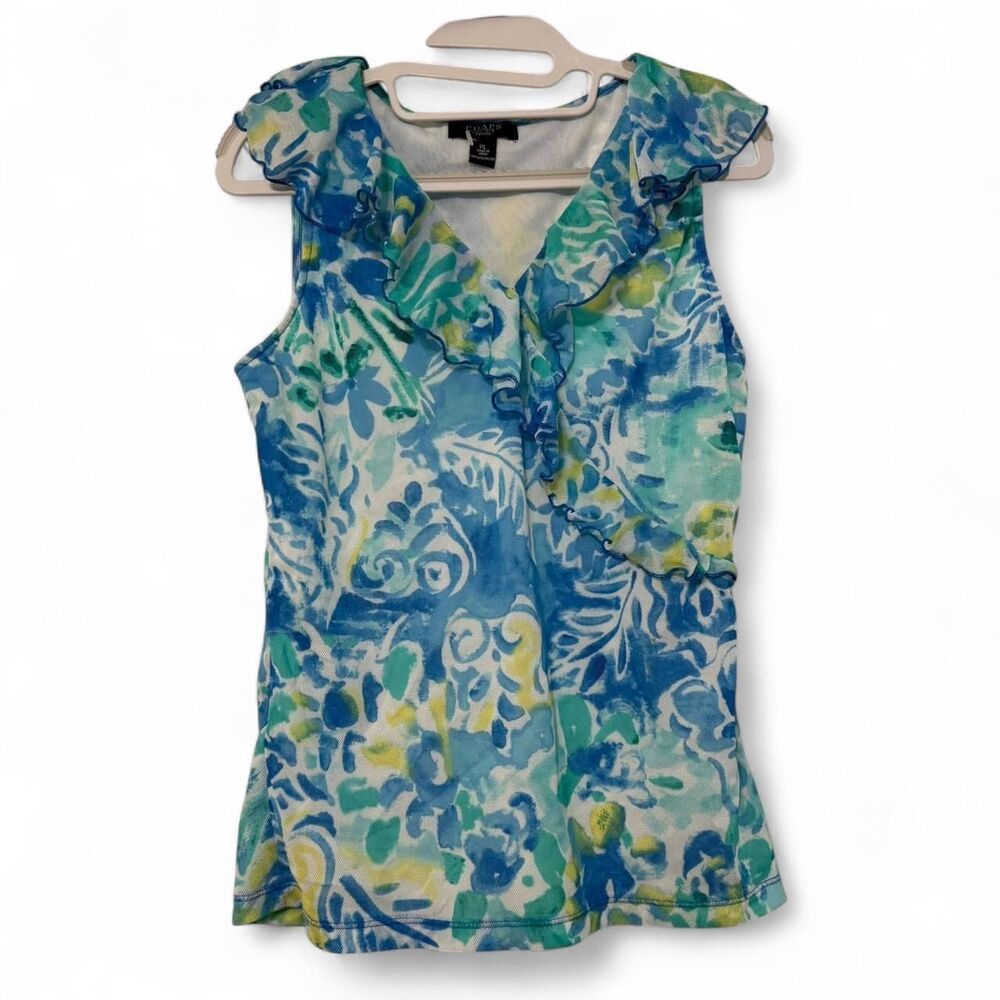 Y2K Chaps Baby Doll Style Blue & Green floral tie dye sleeveless top | Size PL - Picture 7 of 9